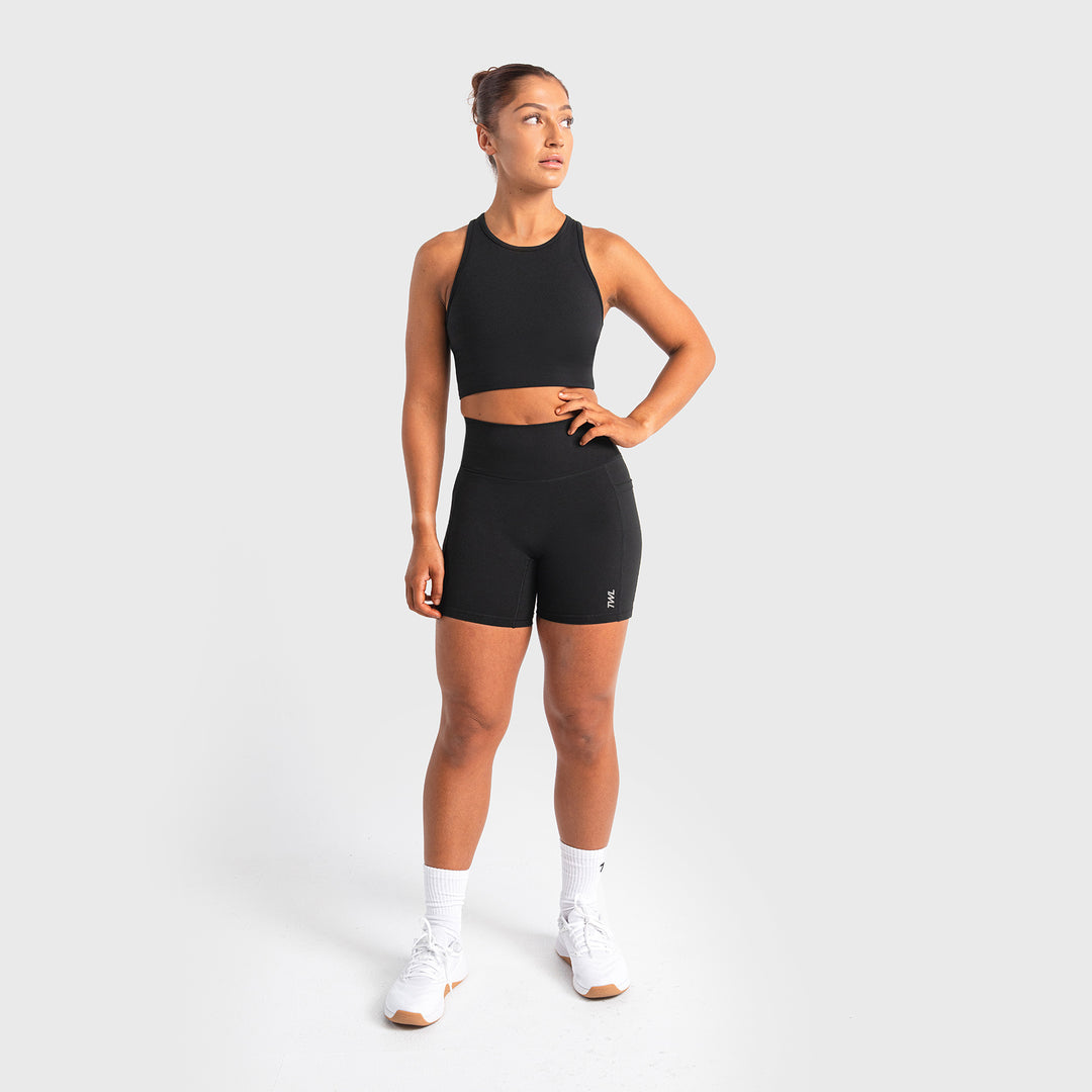 Refine Womens Gym Shorts Black front view showing no front seam front