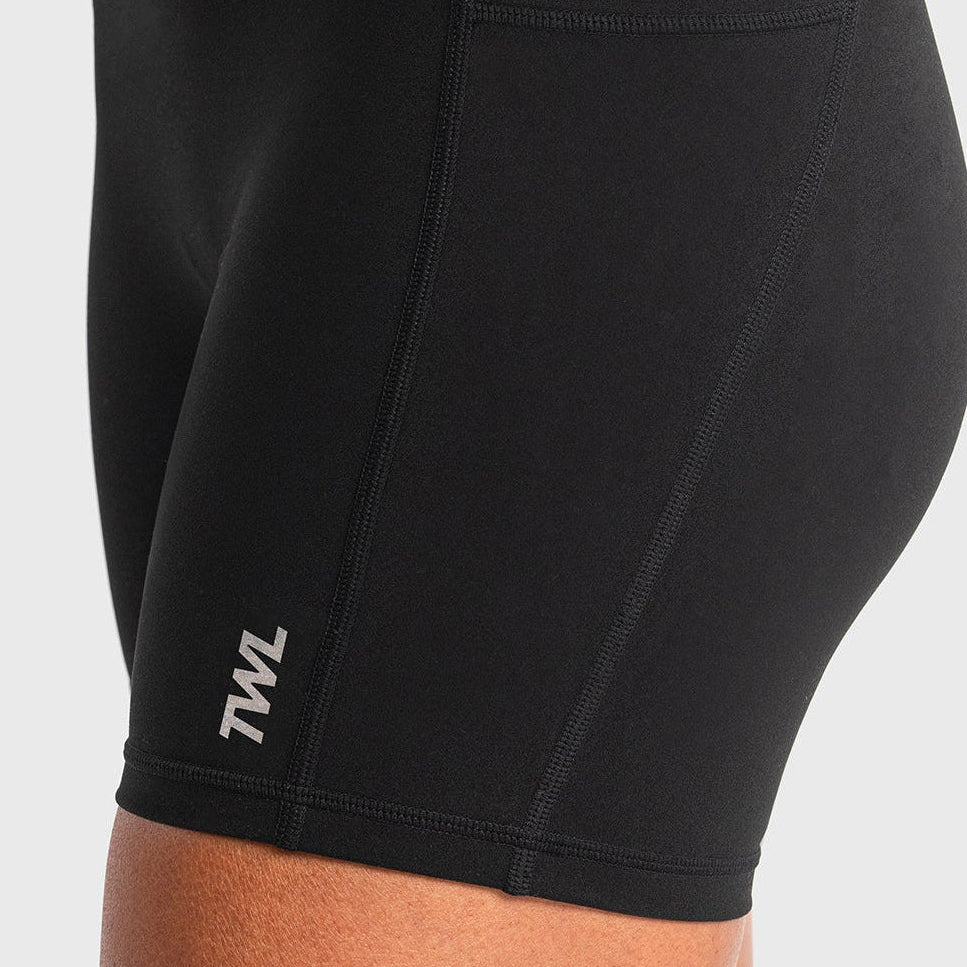 Refine Womens Gym Shorts Black leg view of side pocket