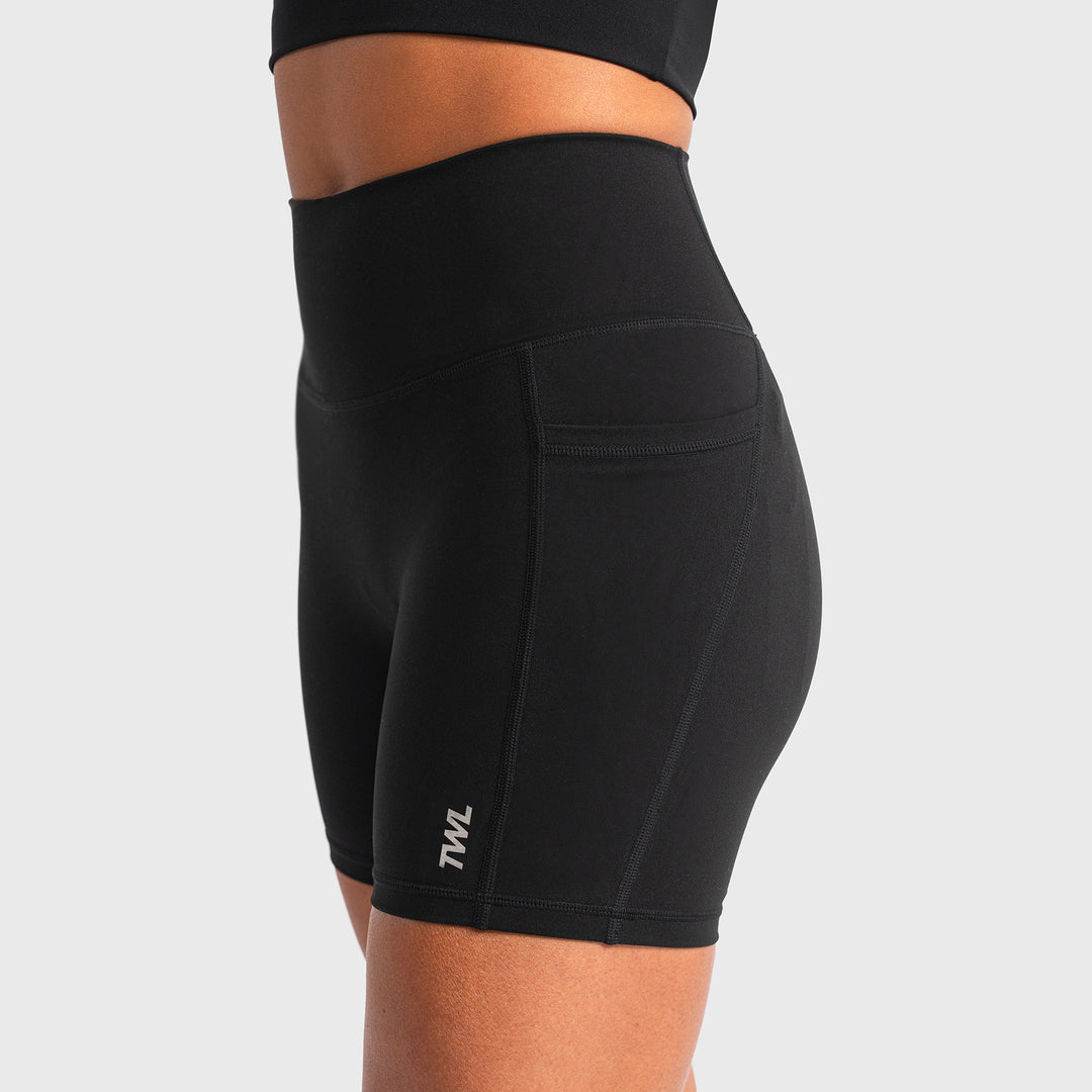 Refine Womens Gym Shorts Black showing side pocket and no front seam