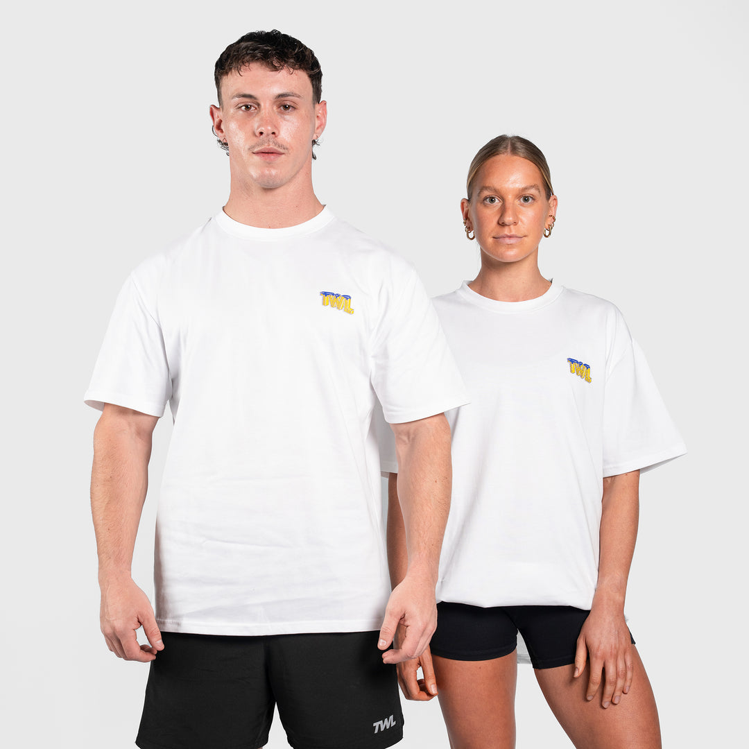 TWL - LIFESTYLE OVERSIZED T-SHIRT - WAFFLES & WEIGHTS - WHITE