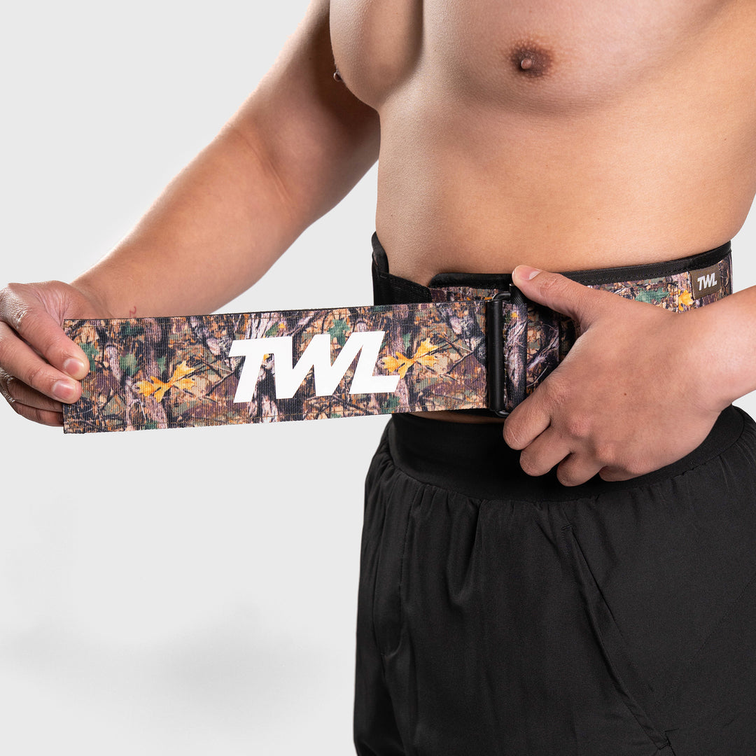 TWL Hybrid Velcro Lifting Belt Tree Camo – front view with knurled metal strap lock detail