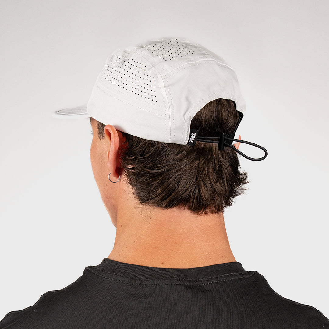TWL Run Hat 2.0 White back view on head with bungee cord