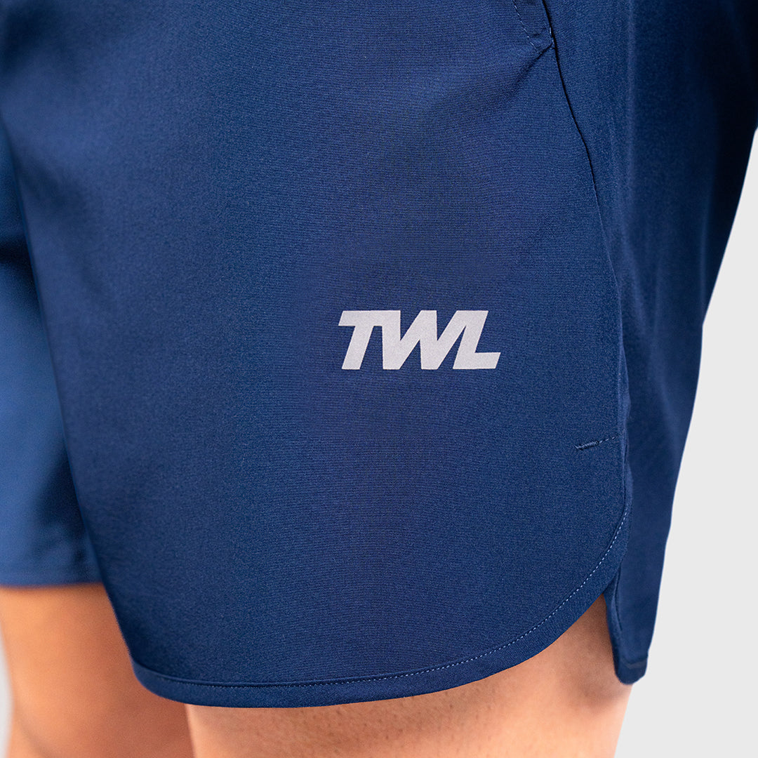 TWL men's 6 inch training shorts – Navy - logo and side split detail