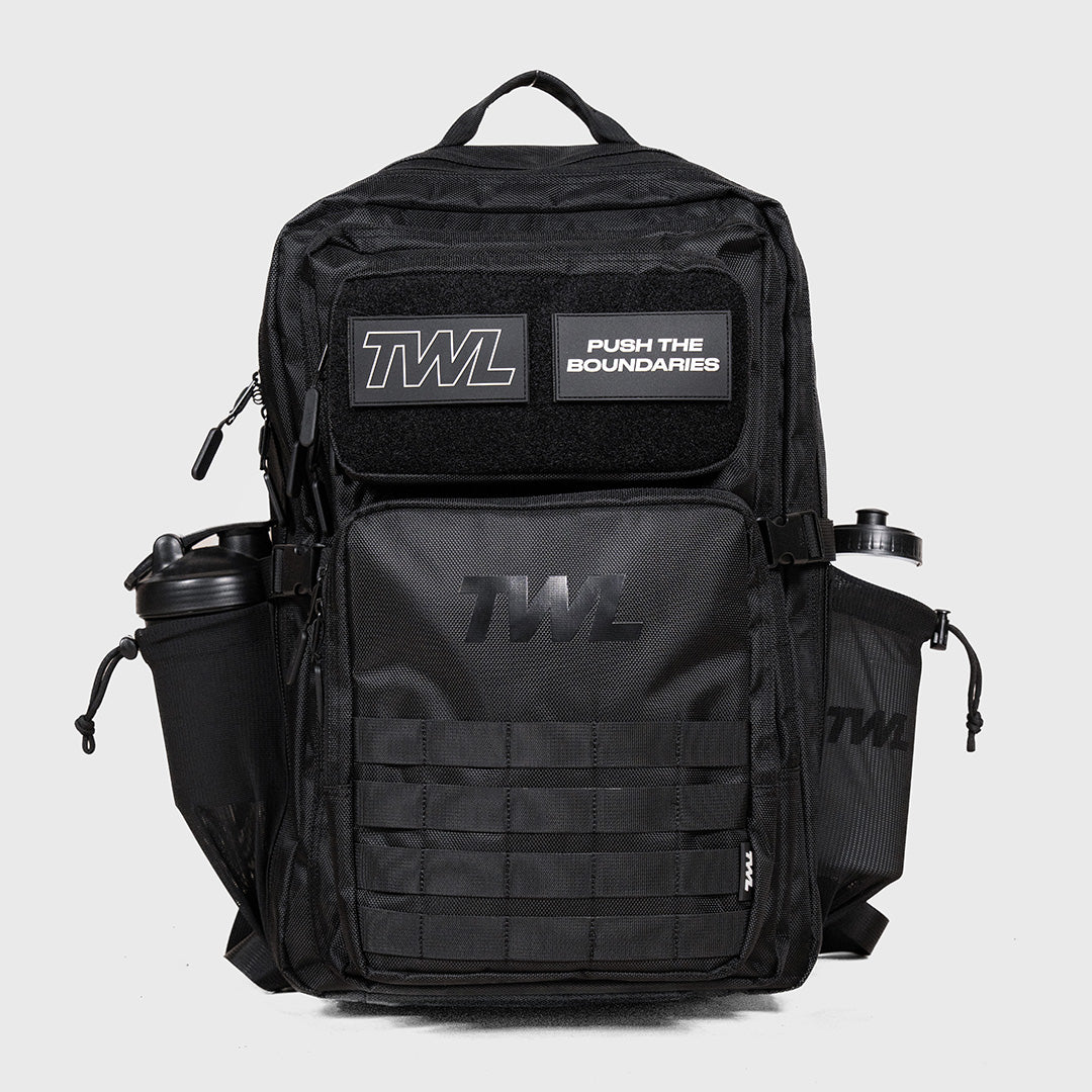 TWL Vanquish Backpack 2.0 50L Black – front view showing water bottle and shaker bottle pockets