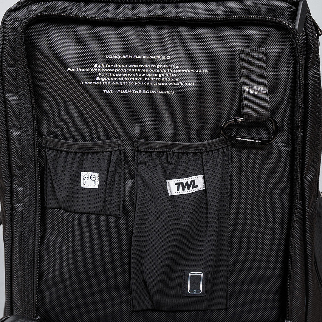 TWL Vanquish Backpack 2.0 50L Black – interior view showing phone pocket, key clip and headphone pocket