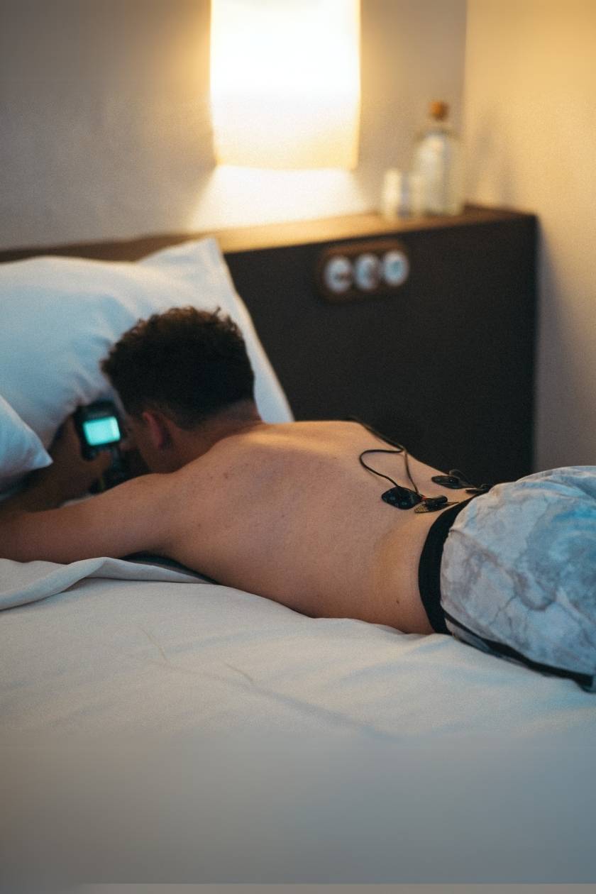 A man relaxing in bed, using the Compex SP 2.0 EMS muscle stimulator for a back massage session