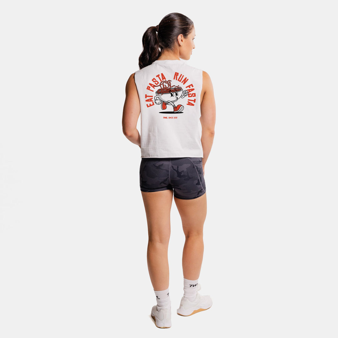 TWL - WOMEN'S SLASH CROP - EAT PASTA RUN FASTA - WHITE