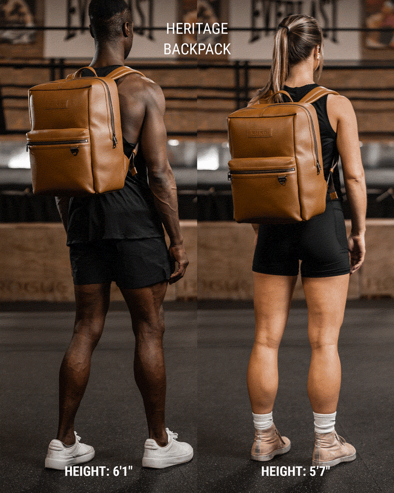Side by side of man and women wearing tan leather KNKG HERITAGE Backpack