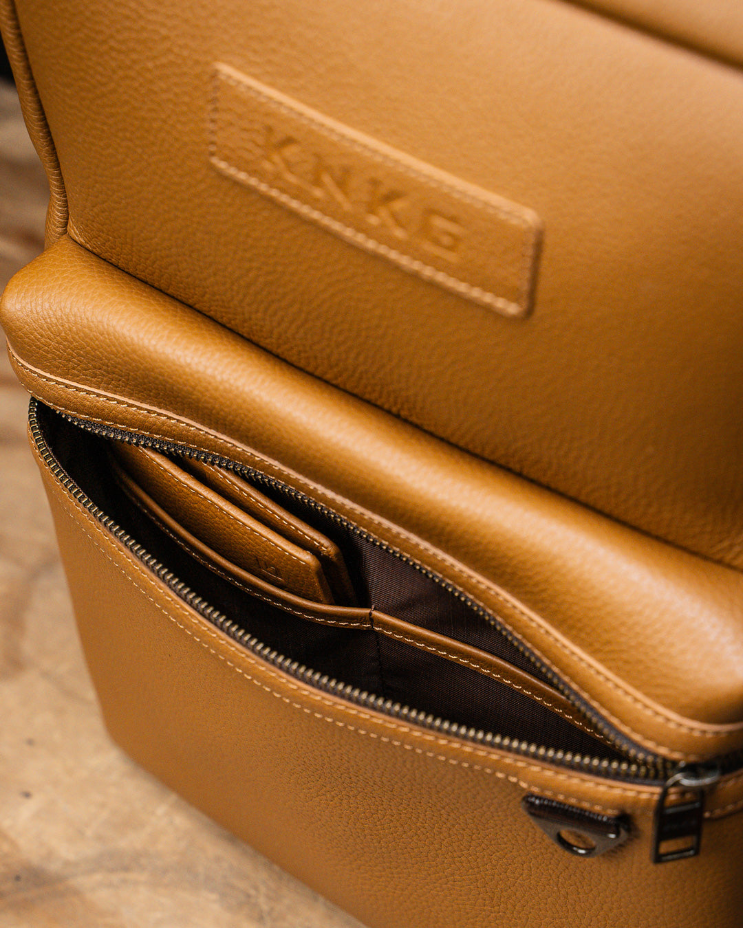 Internal pocket of tan leather KNKG HERITAGE Backpack