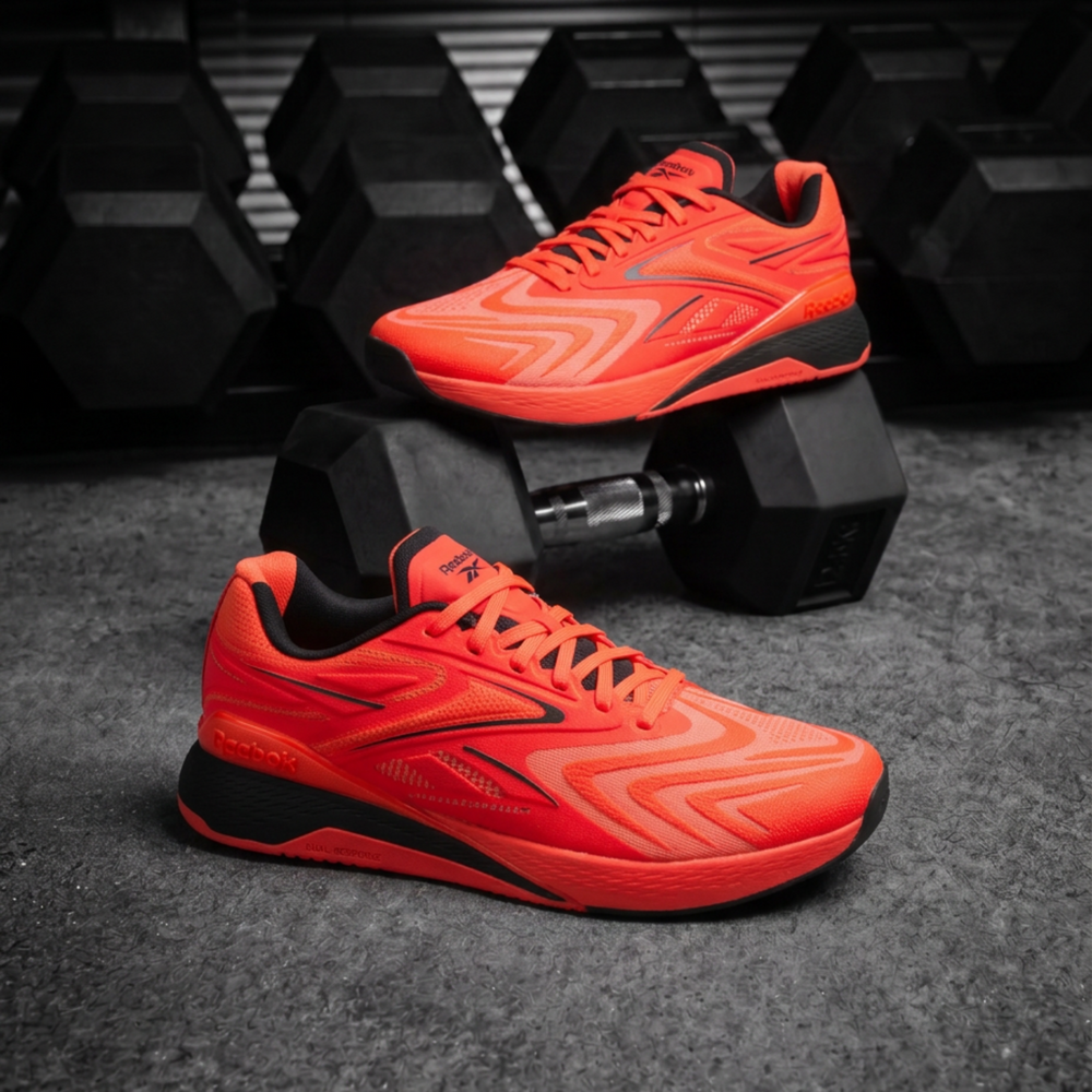 A pair of bright orange-red athletic sneakers with black accents, displayed on a dark gym floor with dumbbells in the background.