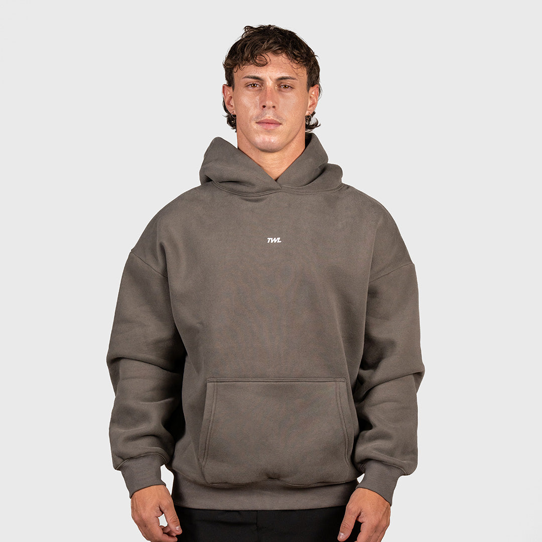 TWL Ascend Hoodie Charcoal – oversized fleece hoodie - front view on male model