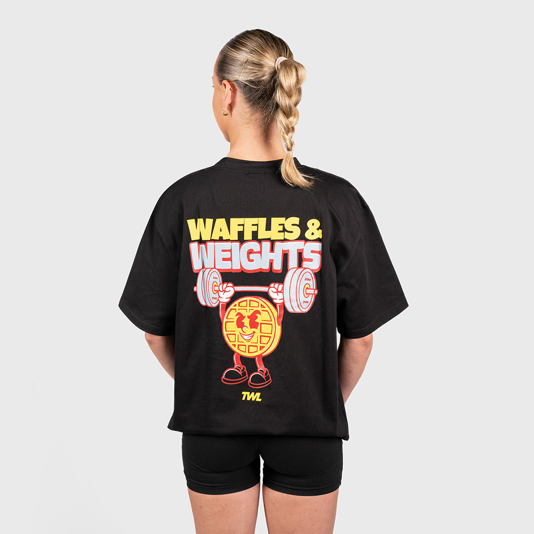 TWL - LIFESTYLE OVERSIZED T-SHIRT - WAFFLES & WEIGHTS - BLACK