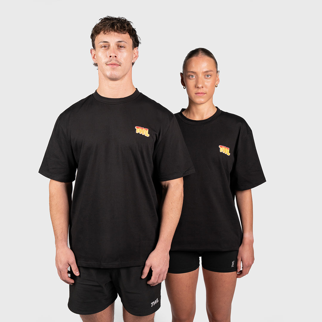 TWL - LIFESTYLE OVERSIZED T-SHIRT - WAFFLES & WEIGHTS - BLACK