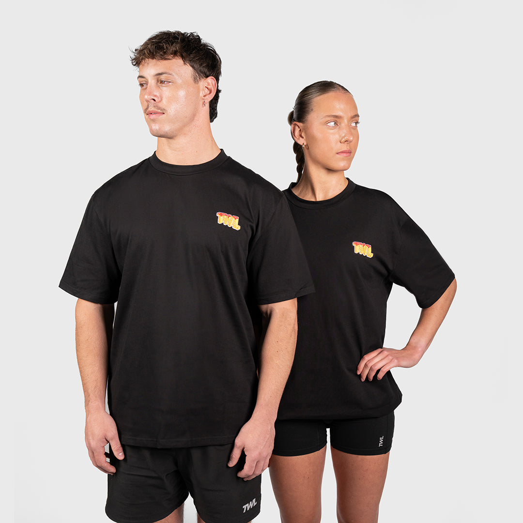 TWL - LIFESTYLE OVERSIZED T-SHIRT - WAFFLES & WEIGHTS - BLACK