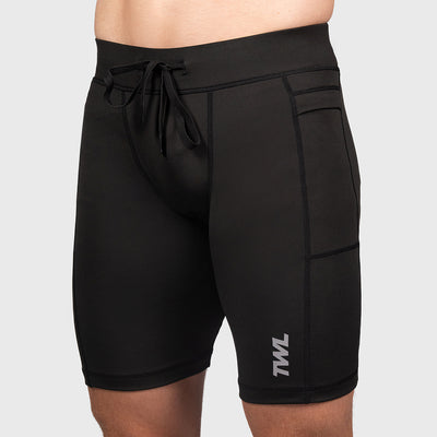 TWL Men's 9 inch compression half tights in black, running tights