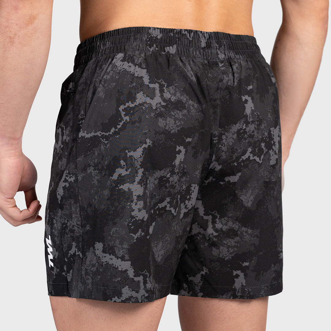 Rear view of the black camo TWL Men's Rep Shorts 5", showing the extra-wide elastic waistband
