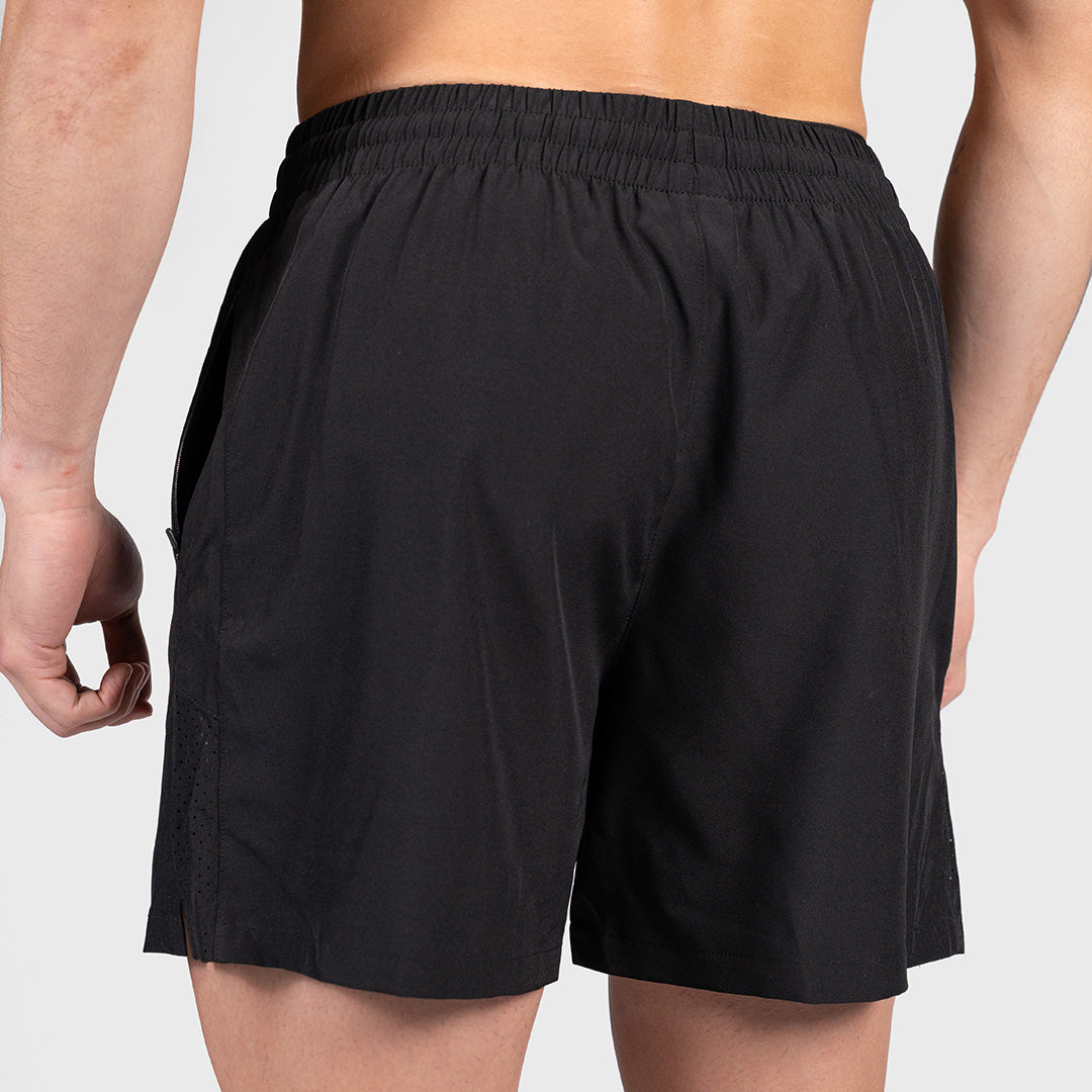 Rear view of the black TWL Men's Rep Shorts 5", showing the extra-wide elastic waistband