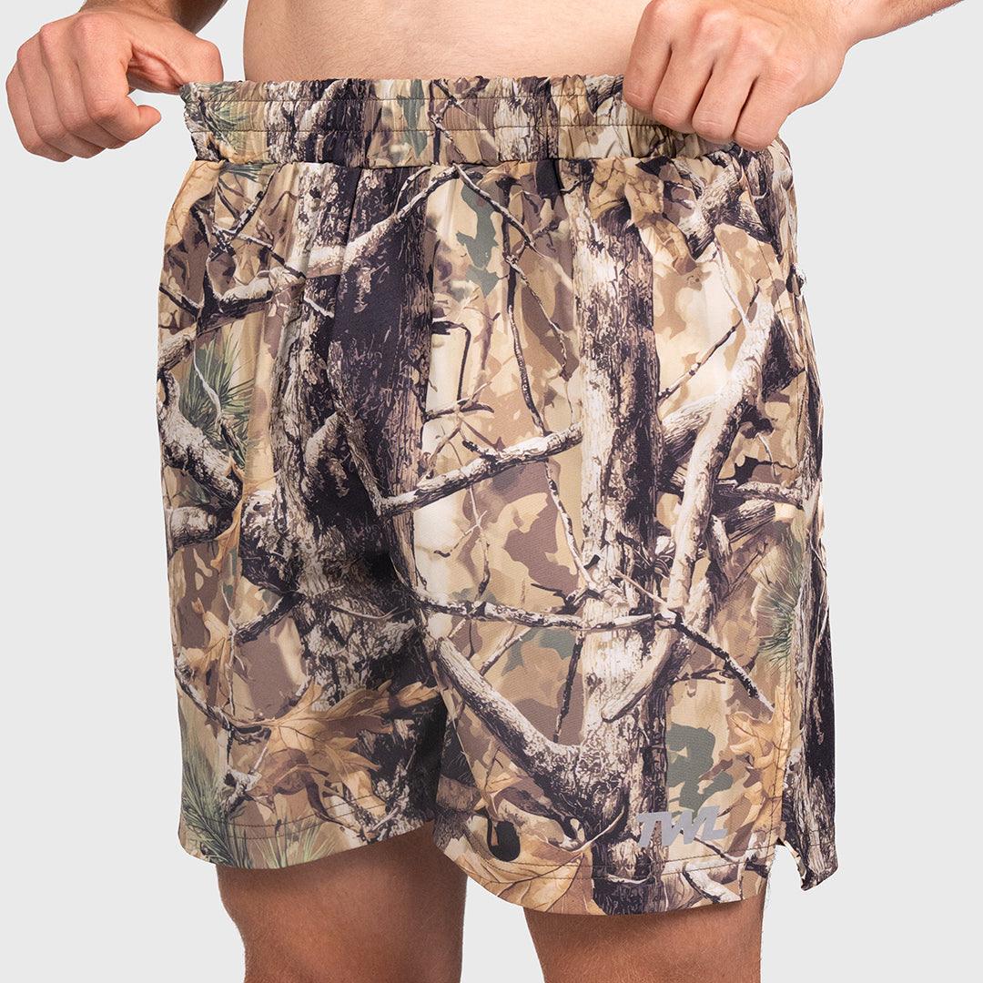 TWL Men's Vault Shorts 6 inch training shorts in tree camo, showing waistband detail