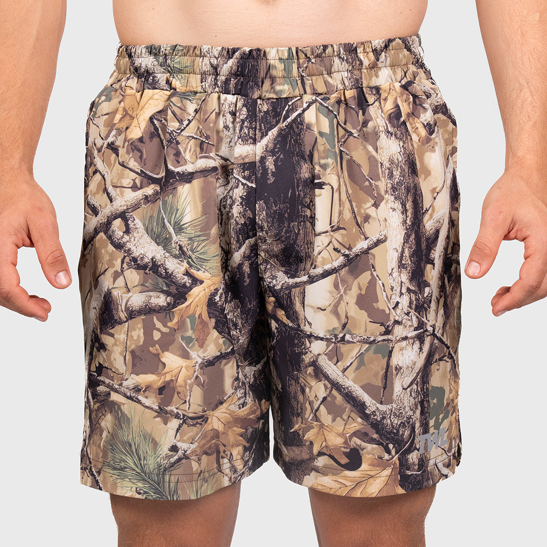 TWL Men's Vault Shorts 6 inch training shorts in tree camo, 