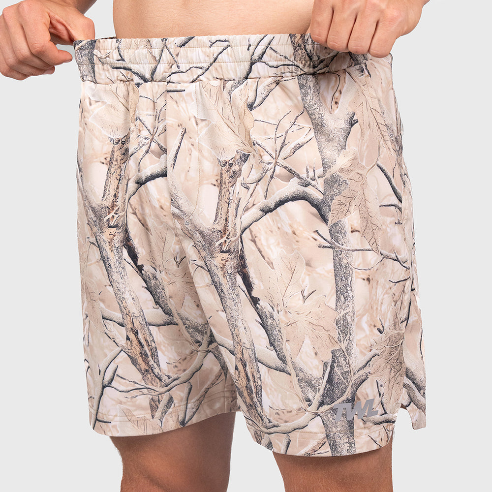 TWL Men's Vault Shorts 6 inch training shorts in tree camo, detailing waistband. Perfect shorts for CrossFit, Training, Running, Hyrox, Weightlifting