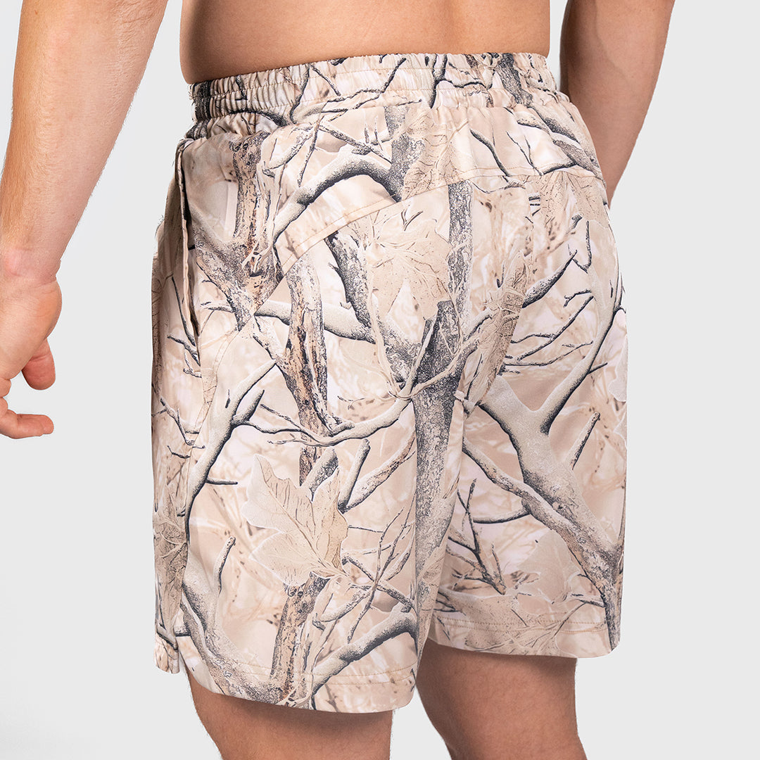 TWL Men's Vault Shorts 6 inch training shorts in tree camo, showing back yoke detail
