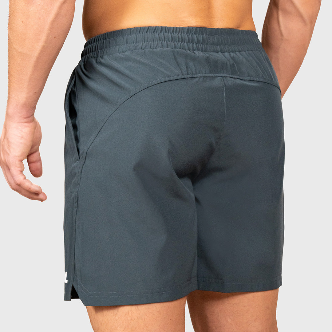 TWL Men's Vault Shorts 6 inch training shorts in charcoal teal, showing yoke detailing on back