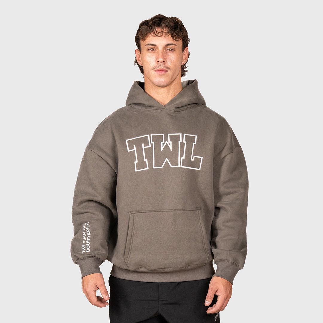 TWL Ascend Hoodie charcoal – oversized fleece hoodie front view showing embroidery on front and arms